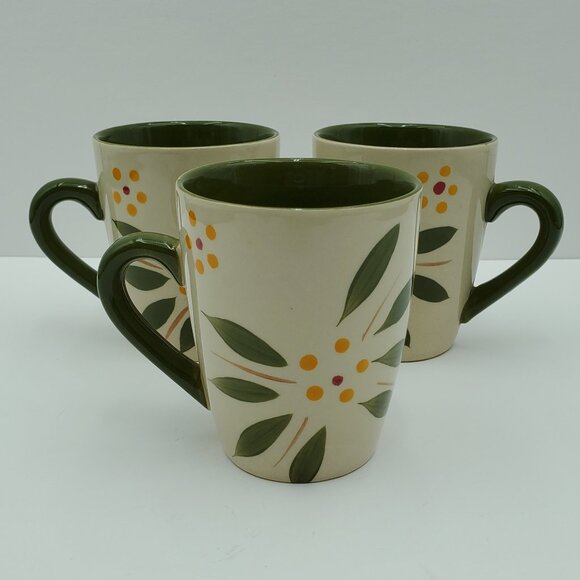 Temp-tations Old World Vivid Green Mugs Temptations Yellow Flower Floral Mugs - Picture 1 of 10